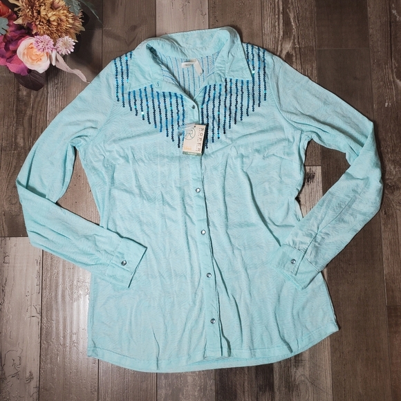 NWT Roper Blue Sequin Pearl Snap Button Down Shirt Women's Size XL - Picture 1 of 16